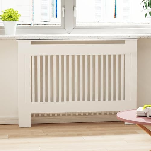 High Radiator Cover Wood Cabinet: Internal Height 100cm Medium White Heater Covers Vertical Slats Modern Tall Radiator Shelf Thicken MDF Wooden Kitchen Bedroom Cabinet for Living Room