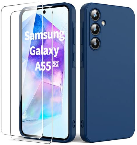 Byvuwiay Funda Compatible con Samsung Galaxy A55 5G, con 2 Piezas Cristal Templado, Carcasa de Líquida TPU Anti-Choque, Carcasa Samsung Galaxy A55 5G, Blau
