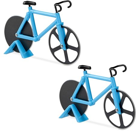 2 Bicis Cortapizzas, Cortador de Pizza Bicicleta, Cuchilla Masa Acero Inoxidable, 11,5 x 18 x 3 cm, Azul/Negro