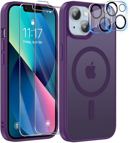 YisrLery 5-in-1 iPhone 13 Hülle für Mag Safe mit 2 Stück und 2 Stück Kameraschutz Militärnorm Schutz, PC Kratzresistente Rückseite Stoßfest TPU Bumper Magnetische Hülle 6,1'' (Violett)