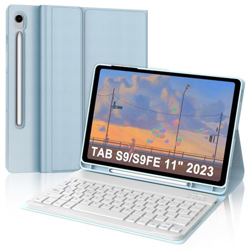SENGBIRCH Funda Teclado Samsung Galaxy Tab S9 FE 10.9, Teclado Samsung Tab S9 11 2023, Teclado España Ñ Bluetooth Inalambrico Desmontable para Samsung Galaxy Tab S9/S9 FE 2023, Azul Claro