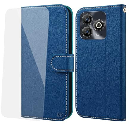NP-Caser Handyhülle für ZTE Blade A75 4G Hülle [mit Panzer Schutz Glas], Premium Lederhülle mit Kartenfächern [Klappbar Flip case] [Standfunktion] Handy Schutzhülle für ZTE Blade A75 4G, Blau