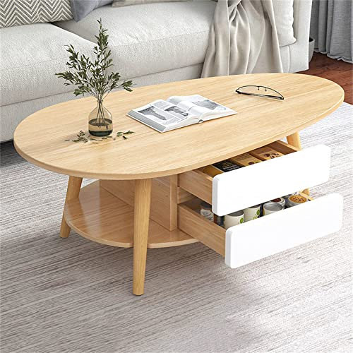 Modern Oval Wooden Coffee Table with 2 Layers Storage Shelving and 2 Drawers Stylish Design for Living Room Home Furniture (90×50×42cm)