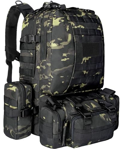 Wiserset Taktischer Rucksack, 60L Militär Armee Rucksack, großer Survival Molle Tagesrucksack für Herren und Frauen,abnehmbare Outdoor Tasche, Reiserucksäcke für EDC, Camping, Wandern, Jagen, Schwarz