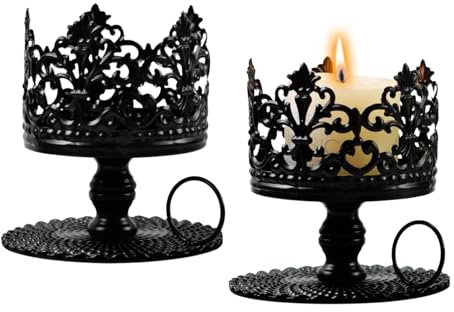 Dzmuero Candle Holders, Candelabra, Iron Crown Candle Holder Set of 2, Metal Black Pillar Candleholders for Table Candlestick Holders for Dinner Room Tabletop, Home Decoration, Indoor, Outdoor Decor
