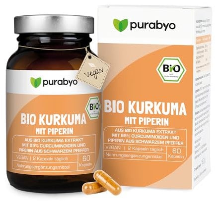Bio Kurkuma Kapseln | im Glas | Bio Kurkuma Extrakt hochdosiert mit 95% Curcuminoiden | mit Piperin aus schwarzem Bio Pfeffer | Bio-Qualität | vegan, laborgeprüft und in Deutschland hergestellt