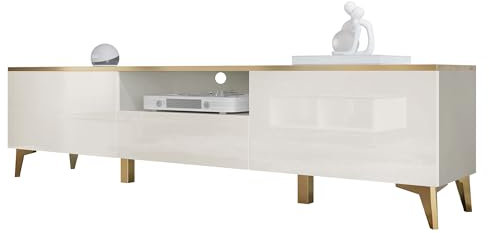 Mirjan24 TV-Lowboard Aioren 2D1S mit 2 Türen und Schublade, Goldene Akzente, Push to Open, Fernsehschrank, Fernsehtisch, TV Schrank TV Bank (Beige/Beige Hochglanz + Gold)