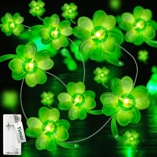 kolpop Lichterkette Batterie, 2m 20 Led Lichterkette Innen Batterie mit Timer, Vierblättrig Kleeblatt Lichterkette, Irisch Fee LED Licht für St. Patrick's Day Party Deko
