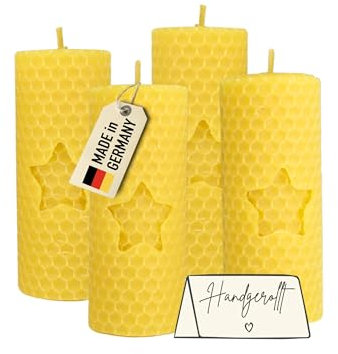Wachsmann Stumpenkerzen 4er-Set, 100% Bienenwachs, handgerollt, Made in Germany, Bienenwachskerzen mit je 6 Stunden Brenndauer, Honigkerzen für Windlichter (4 x 10 cm)