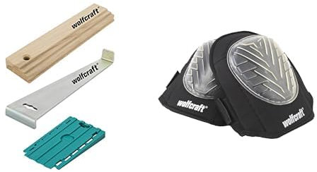 Bundle aus wolfcraft Geling-Set zum Laminat- und Designboden verlegen I 6975000 I Zugeisen, Schlagholz und 30 Universalkeile + Komfort-Knieschoner I 4972000 I Für komfortables Arbeiten im Knien