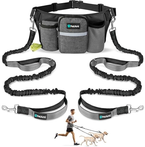 PetAmi Premium-Hundeleine für 2 Hunde, Verstellbarer Hüftgurt für Spaziergänge mit dem Hund, Gürteltasche, Zubehörtasche, Doppel-Bungee-Leine zum Laufen, Wandern, Joggen, Radfahren, Anthrazit