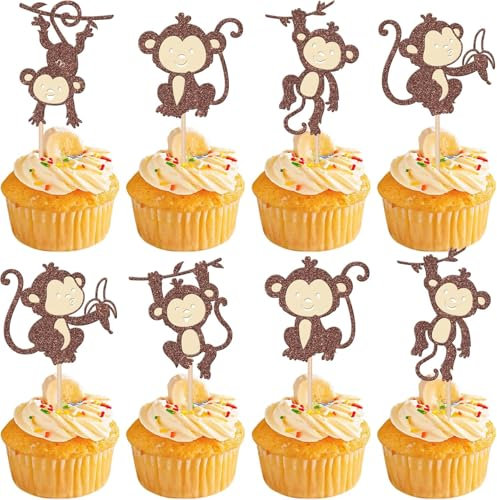 30 Stück Affe Tortendeko Glitzer Dschungel-Tiere im Zoo Cupcake Toppers für Äffchen Thema Baby Dusche Jungen Mädchen Alles Gute zum Geburtstag Party Kuchen Dekoration Braun