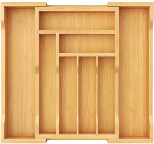 Lifewit Cutlery Drawer Organiser Bamboo, 25-42x33cm Extendable Cutlery Tray for Drawers Insert, 8 Compartments Wooden Kitchen Storage Holder for Knife, Fork, Spoon, Small