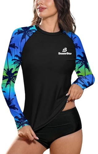 Lady Summer SPF UPF Swim Rashguard Sunscreen Loose Fit Sunproof Shirt Blue Green Palm Tree XXL