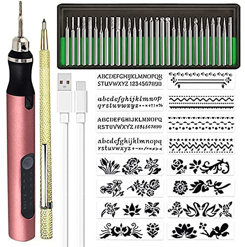 casstaly Wiederaufladbare Kabellose Mini Gravieren Stift DIY Gravieren Werkzeug Kit für Metall Glas Keramik Kunststoff Schmuck Schablonen A