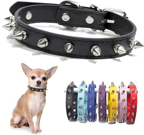 Collar de perro con pinchos negros de piel sintética con remaches para cachorros, collares para gatitos y gatos, hebilla ajustable para mascotas pequeñas, medianas y grandes, como chihuahua, bulldog