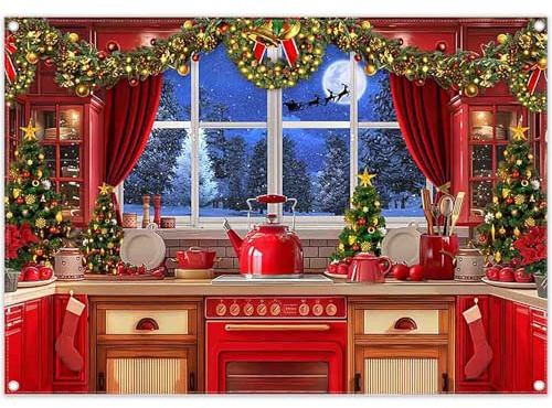 Luminora 2,1x1,5m Rouge Nuit de Noël Fenêtre de Cuisine Toile de Fond | Arbres Couronne Ustensiles de Cuisine Four Fond Chaud Décoration de Maison Bannière Photo Accessoires