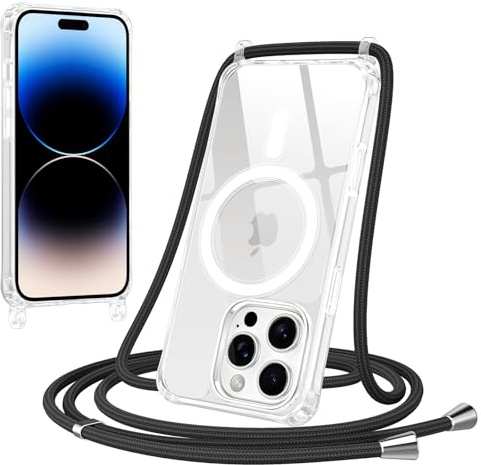 Jrkvniv Magnétique Coque pour iPhone 14 Pro avec Cordon, Compatible avec MagSafe Transparent Réglable Lanyard Necklace Case, Ultra Mince Souple Silicone TPU Antichoc Housse pour iPhone 14 Pro, Noir