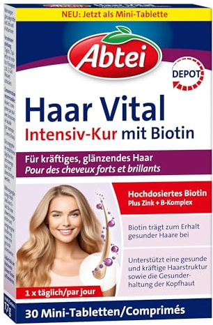 ABTEI Haar Vital - Haartabletten mit hochdosiertem Biotin & Zink - 30 St. | Vegane Haarvitamine mit Depot-Technologie und B-Komplex für kräftiges, glänzendes Haar, für die Gesunderhaltung der Kopfhaut