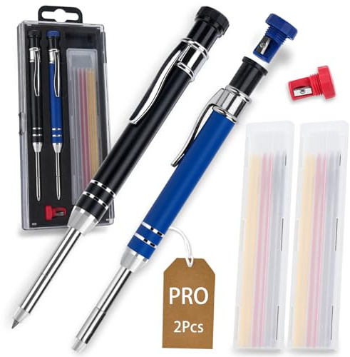 Gokemuak 2 Crayon Chantier Métal avec 14 Mines 2.8mm, Porte-Mine Menuisier Professionnel pour Trou Profond 100mm, Crayon de Maçon Longue Portée sur Bois, Métal, Béton, Cadeau Bricolage pour Homme