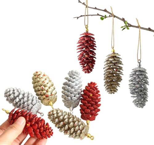 HERZONE 12pcs Christbaumschmuck Zapfen Anhänger aus Kunststoff Glitzer Tannenbaumzapfen für den Weihnachtsbaum - Christbaumschmuck zum Anhängen für Weihnachtsdeko (3 Color-B)