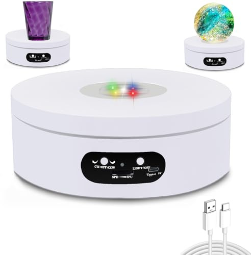 YVVV Elektrischer LED Drehteller, 360° Leiser Rotierender Präsentationsteller mit 8 Farben, Einstellbarer Richtung & Geschwindigkeit, 12 cm Weißer Sockel, USB & Batteriebetrieben für Ausstellungen