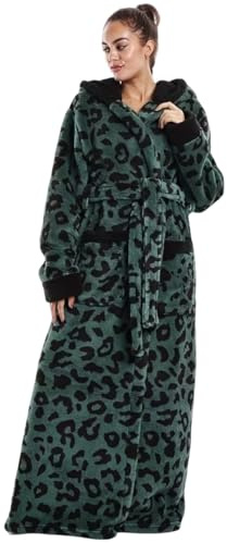 Surwin Accappatoio Microfibra Uomo Donna, Accappatoio Lungo Invernale con Tasche e Cintura Vestaglia da Bagno Invernale Morbido Caldo per Bagno, Doccia (Leopardo verde,Taglia unica)