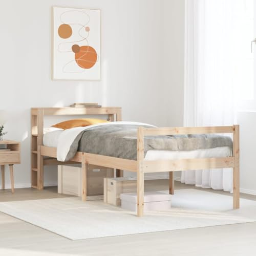 Seniorenbett Massivholz Kiefer 90x200 cm mit Kopfteil, 44 cm Schlafhöhe, Stauraum, robuste Latten, unbehandeltes Holz, für Schlafzimmer