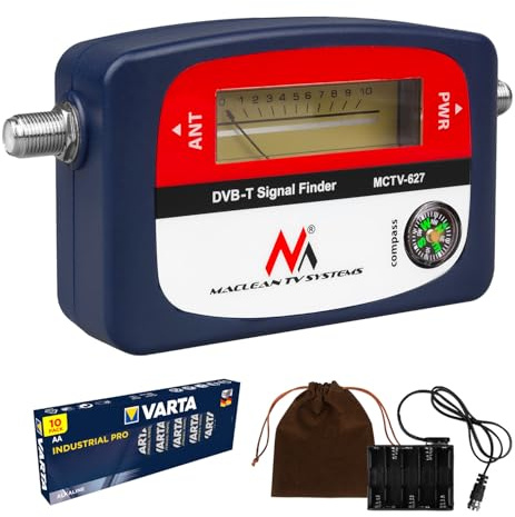 DVB-T/DVB-T2 TV Signal Meter with Compass and F Cable 25cm - Precise Installation Terrestrial Antenna, Portable, Powered by AA Batteries, Optimal Orientation