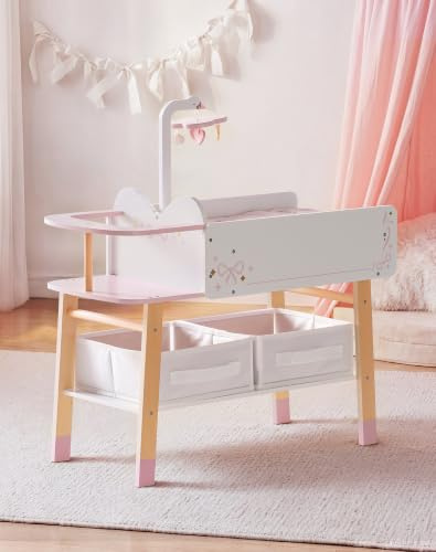 ROBOTIME Puppen-Wickeltisch aus Holz mit Hochstuhl und Stauraum, Rosa | Ballet-Serie für Puppen bis ca. 18 Zoll, mit Pflegespiel und Aufbewahrung, Geschenk für Kinder ab 3 Jahren