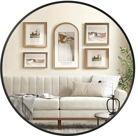 SONGMICS Runder Spiegel, Wandspiegel, Metallrahmen, 80 cm | Modern, einfache Montage, für Bad, Wohnzimmer, Schlafzimmer, Flur, tintenschwarz, BERIT Kollektion LWM108BD01