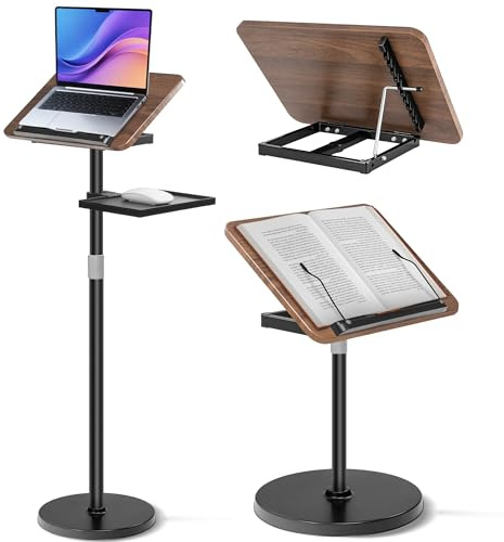 LASUK 2 in 1 Floor Book Stand for Music Sheet, Recipe, Laptop, Black | Height Adjustable 50-130CM, Wooden with Removable Tray & Page Clips, Dual-Use Floor and Desktop