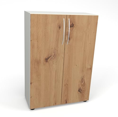 Flügeltürenschrank Cabino Home 80×35×114 cm – Aktenschrank 3OH in Weiß/Asteiche, Drehtüren 110° mit Metallgriff