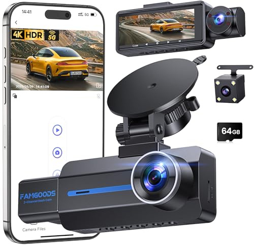 Famgoods Dash Cam Auto Fronte 4K, Retro, Interno, Dashcam Auto 360°, 3.16 schermo IPS, scheda gratuita 64GB, Dashcam Auto 5GHz WiFi, APP, Visione Notturna Super, Sensore G, Registrazione Loop