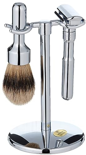 Merkur – Rasier-Set, 3-teilig, glänzend, inkl. Rasierer Futuri, grauer Rasierpinsel und Halterung