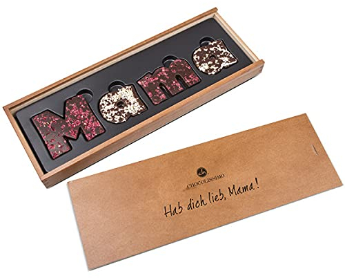 CHOCOLISSIMO - Geschenk Mama - Muttertag Süßigkeiten - Schokolade Geschenk für Mutter - Schoko Buchstaben Zartbitter aus belgischer Schokolade, in Holzbox - Geschenkidee Geburtstag Mutti