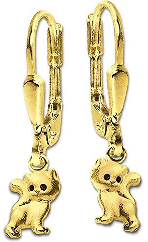 CLEVER SCHMUCK Goldene kleine Kinder Ohrhänger 21 mm mit Mini Katze 8 mm Augen schwarz seidenmatt und glänzend 333 Gold 8 Karat im Schmucketui