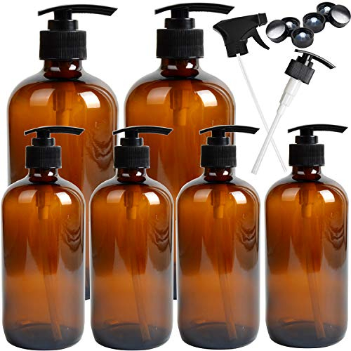 Youngever Lot de 6 flacons à Pompe vides en Verre ambré, 2 Lots de 500 ML et 4 flacons à Pompe de 250 ML Rechargeables pour huiles essentielles, Produits de Nettoyage, lotions, aromathérapie, Pompes