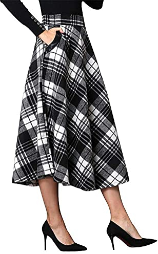 IDEALSANXUN Damen s hohe elastische Taillen-Maxi-Rock-A-Linie Plaid Winter warme Flare Langer Rock groß Wadenschwarzweiß