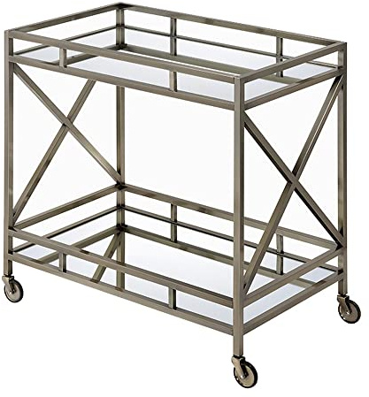 Benzara BM194346 Servierwagen mit Metallrahmen, zweistöckig, mit X-förmigen Seitenteilen, silberfarben und transparent, 89 x 50 x 87 cm