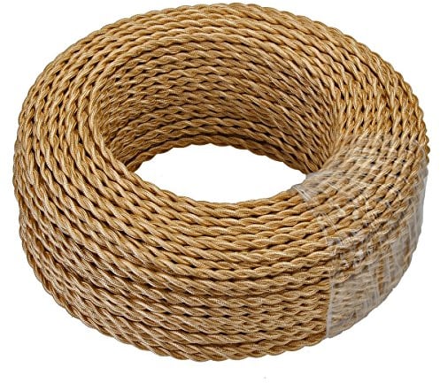GreenSun Textilkabel 2 adrig - 5 Meter 2x0,75mm² Vintage Lampenkabel Stromkabel 2 polig Seil Kabel Stoffkabel Elektrokabel Textilummantelt 2 adriges Kabel für eigenes DIY Projekt, Hell Gold