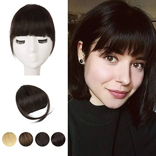 BARSDAR Echthaar Clip in Pony, 100% Echtes Echthaar Clip in Pony für Frauen - Braun Dick Pony Extensions Fringe mit Bügeln Echthaar Pony Haarteile - Dunkleres Braun