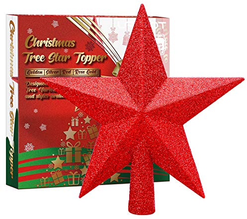 URATOT Glitzernder Weihnachtsbaumspitze, Weihnachtsdekoration, Weihnachtsbaumspitze, bruchsicher, für Feiertage, Weihnachtsbaumdekoration, Rot, 10,2 cm