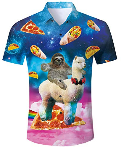TUONROAD Hawaiian Shirt Funny Pizza Alpaca 3D Mens Shirts Short Sleeve Casual Summer Beach Shirt L