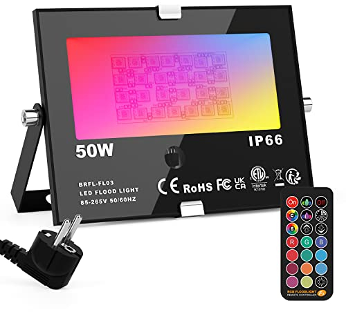 RGB LED Strahler Fluter Außen Mit Fernbedienung Objektbeleuchtung 1er Pack 50W LED Fluter Flutlichtstrahler, IP66 Wasserdicht Flutlicht, Garten Stimmungslichter