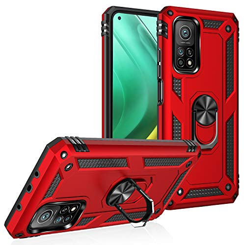 BestST Handyhülle für Xiaomi MI 10T 5G/10T Pro 5G + HD Displayschutz, Cover für Xiaomi MI 10T 5G/10T Pro 5G hülle, 360 Grad Drehbar Ringhalter Handytasche Case Handy Hüllen,Rot