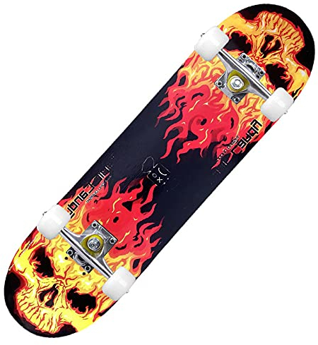 Skateboard Zitronengelber Schädel Skateboard Kinder ab 8 Jahre 80x20cm 7-Lagigem Ahornholz Longboard Double Kick Komplett für Anfänger Jungen Mädchen Erwachsene Profi Penny Board