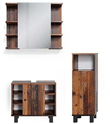 Vicco Badmöbel-Set Fynn, Badezimmerschrank-Set, Antikholz, 3 Teile, mit Midischrank
