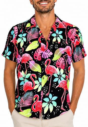 King Kameha Hawaii Hemd Männer - Tropisches Hawaiihemd Herren Kurzarm,Funky-Flamingos, Schwarz, XL