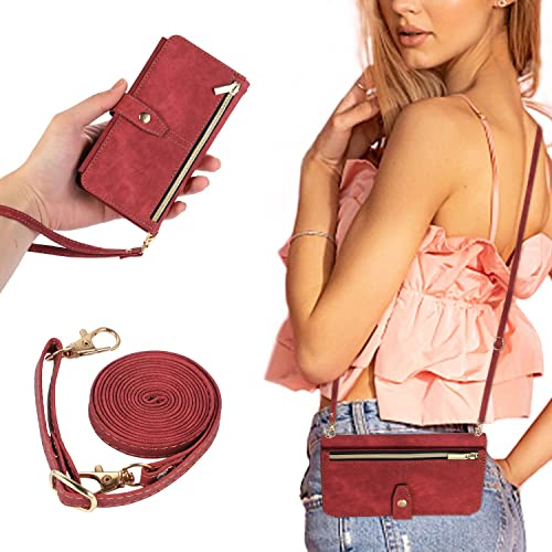 UEEBAI Handykette Hülle für Samsung Galaxy S20 FE 5G, 9 Kartenfäche Retro Leder Geldbörs Flip Case mit Umhängegurt Handschlaufe Standfunktion Wallet Reißverschluss Handyhülle – Rotwein
